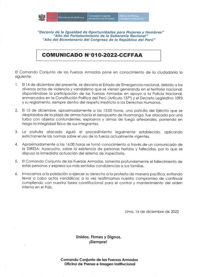 Comando Conjunto de las Fuerzas Armadas emitió un comunicado. Foto: CCFFAA/Twitter