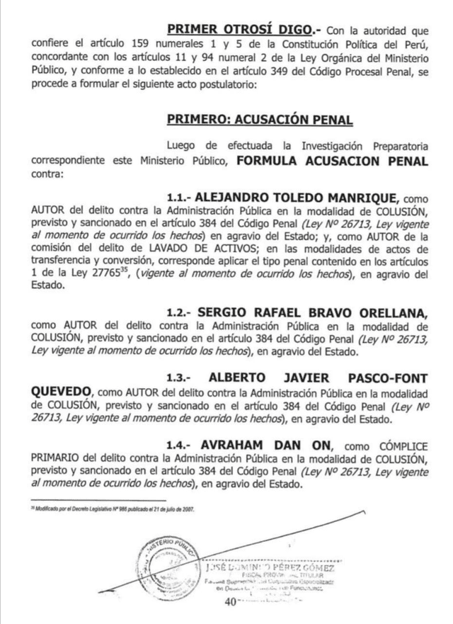 Acusación formal presentada por el fiscal Pérez contra Alejandro Toledo.