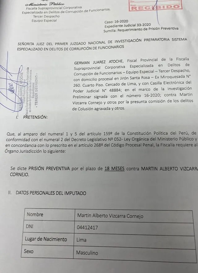 Pedido de prisión preventiva en contra de Martín Vizcarra.