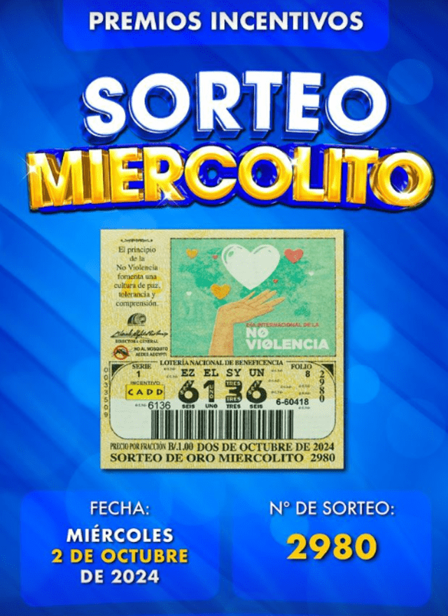 Se llevará a cabo el sorteo 2980 en el Miercolito de hoy, 2 de octubre. Foto: Loteria Nacional de Panamá/Instagram   