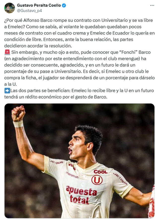 'Fonchi' Barco no dejará dinero a la 'U' por su pase a Emelec, pero sí por alguna futura venta. Foto: captura de Gustavo Peralta/X 'Fonchi' Barco no dejará dinero a la 'U' por su pase a Emelec, pero sí por alguna futura venta. Foto: captura de Gustavo Peralta/X