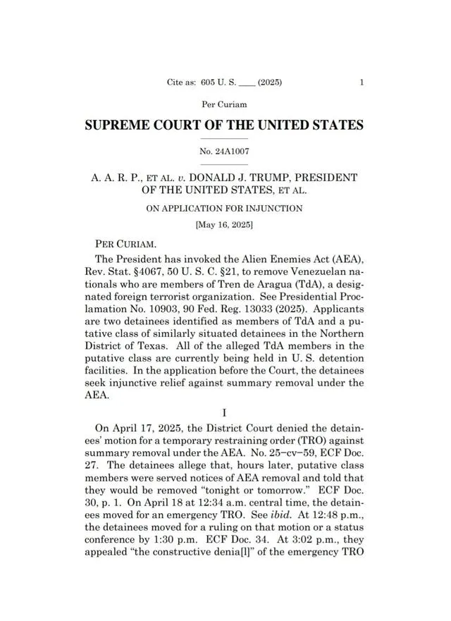  In a 7–2 decision, the Supreme Court delivers a major blow to the Trump administration’s efforts to deport Venezuelan detainees under the Alien Enemies Act, emphasizing the need for due process and fair notice. Photo: X    