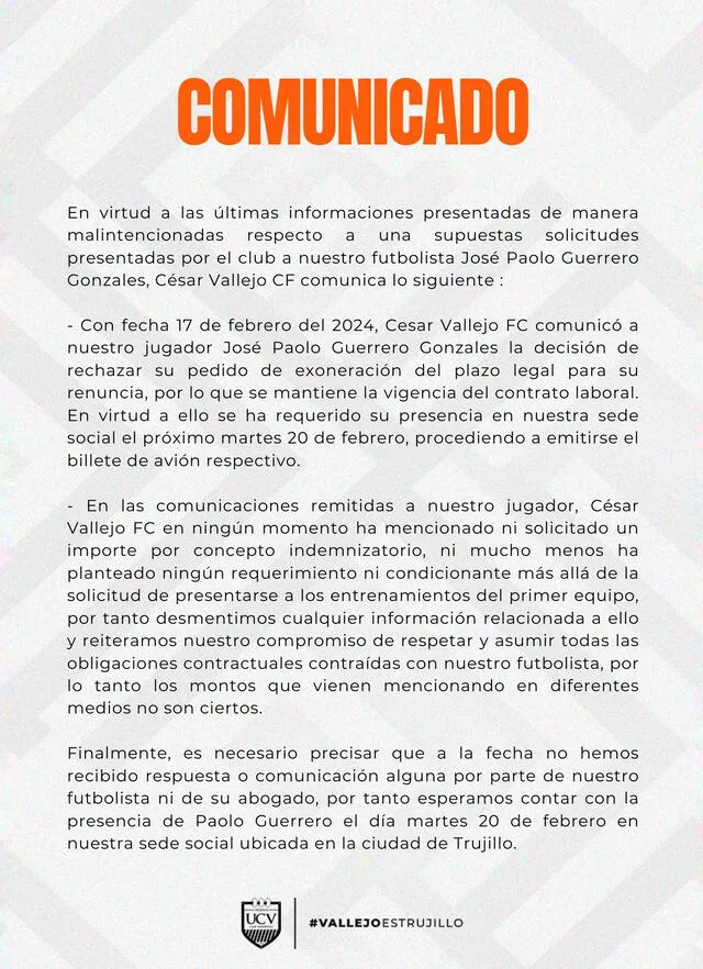 Comunicado de César Vallejo sobre Guerrero. Foto: X/César Vallejo   