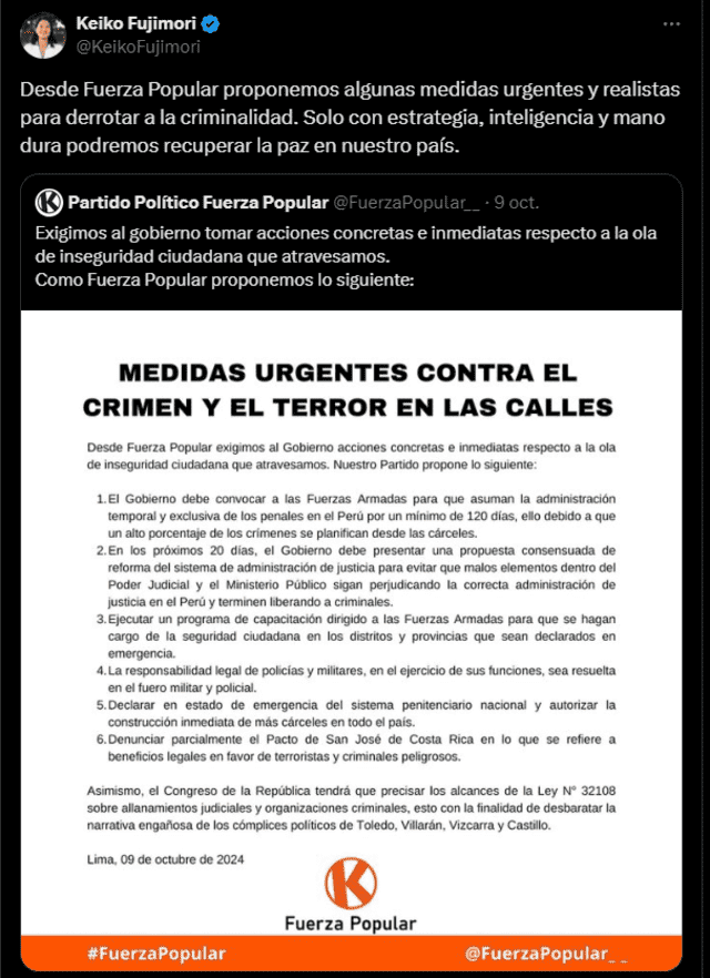 Medidas oportunistas de Keiko Fujimori mediante Fuerza Popuar. Foto: X 