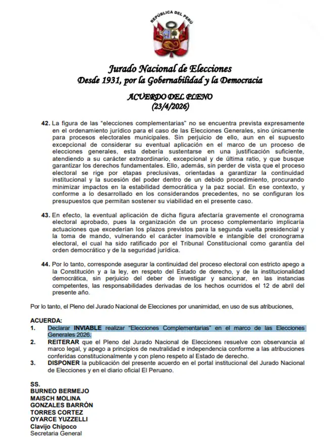 Decision final del JNE sobre las elecciones complementarias