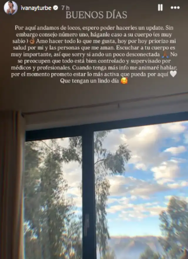 Mensaje de Ivana Yturbe sobre su salud. Foto: Instagram. Mensaje de Ivana Yturbe sobre su salud. Foto: Instagram.