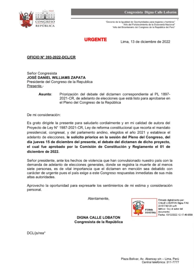 Digna Calle pide priorizar adelanto de elecciones en Pleno del jueves 15 de diciembre. Foto: Captura Twitter