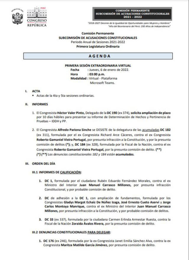 Agenda de la Subcomisión de Acusaciones Constitucionales de este jueves 6 de enero.