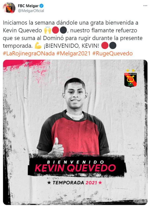 Kevin Quevedo fue anunciado como refuerzo de FBC Melgar