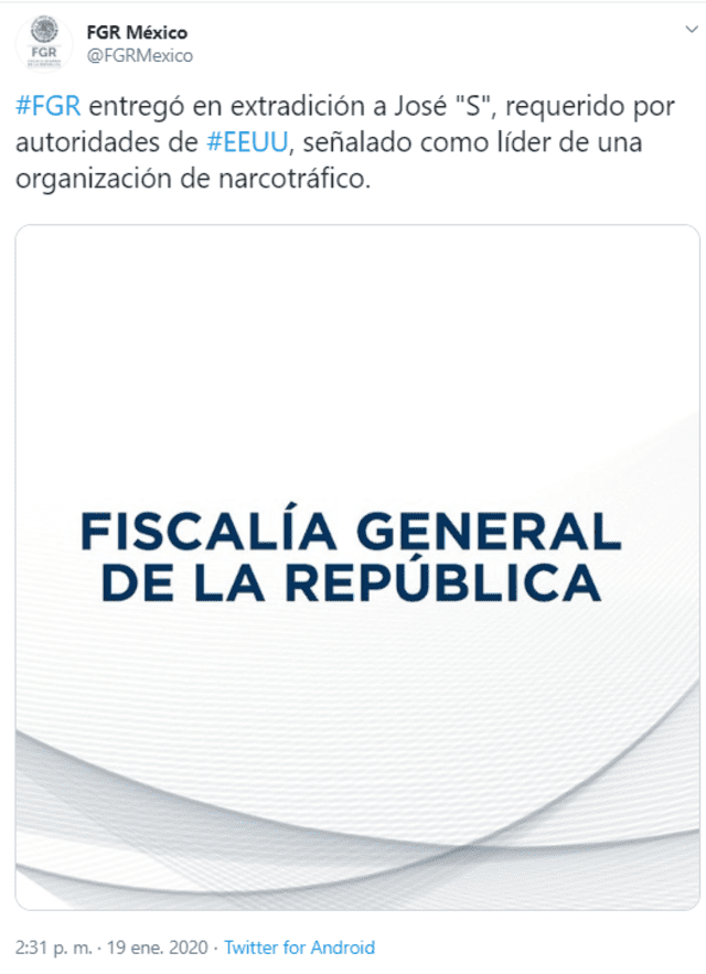 La Físcalía General del Estado publicó un comunicado oficial para informar sobre la extradición de José Sánchez Villalobos. (Foto: Twitter)