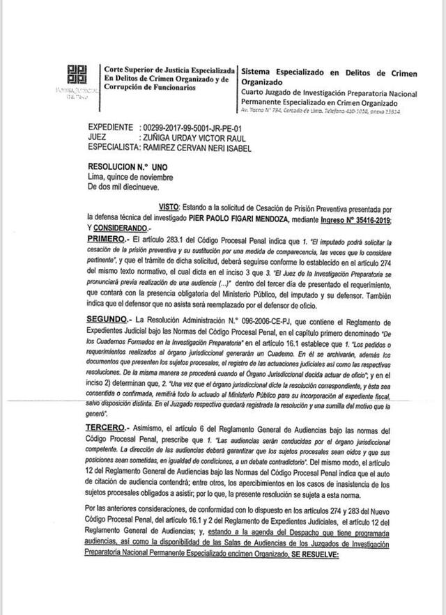 Evaluarán cese de prisión preventiva de Pier Figari el 17 de diciembre
