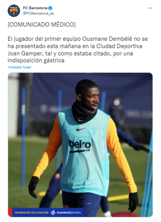 Comunicado del FC Barcelona sobre Ousmane Dembélé. Foto: Twitter FC Barcelona