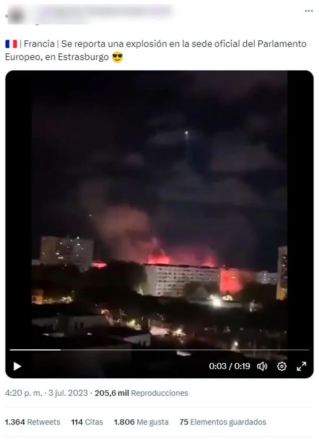 La publicación asegura que el video muestra una explosión en el Parlamento Europeo, ubicado en Francia. Foto: captura/Twitter   