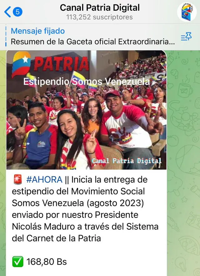 Este es el nuevo monto de Somos Venezuela en agosto de 2023. Foto: Canal Patria Digital/Telegram   