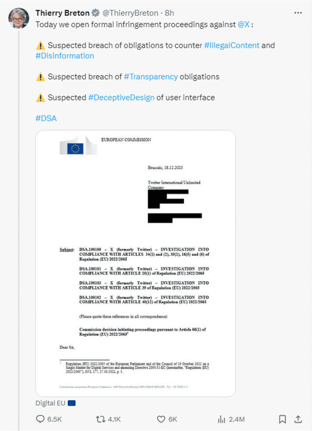 Thierry Breton ha anunciado que X (antigua Twitter) ha incumplido sus obligaciones de la Ley de Servicios Digitales. Foto: @ThierryBreton   