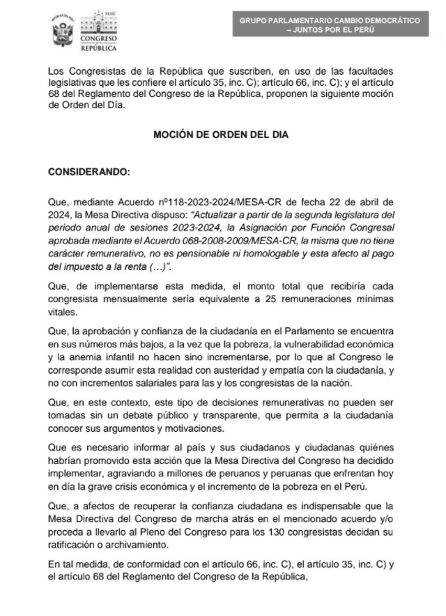 La moción para eliminar el aumento a 11.000 soles por función congresal.    