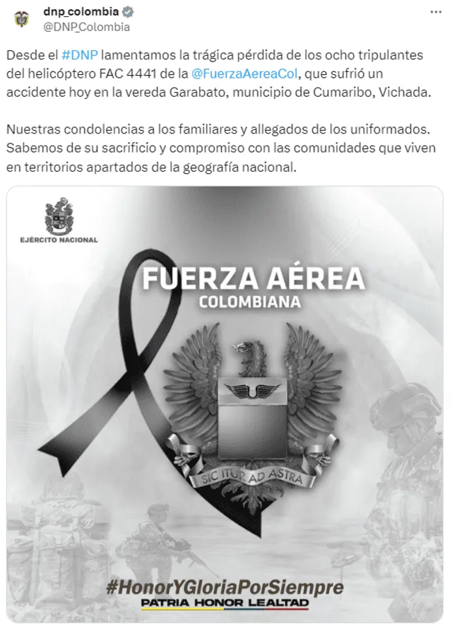 La Fuerza Aérea Colombiana lamentó la muerte de sus 8 integrantes en una misión humanitaria. Foto: @DNP_Colombia   