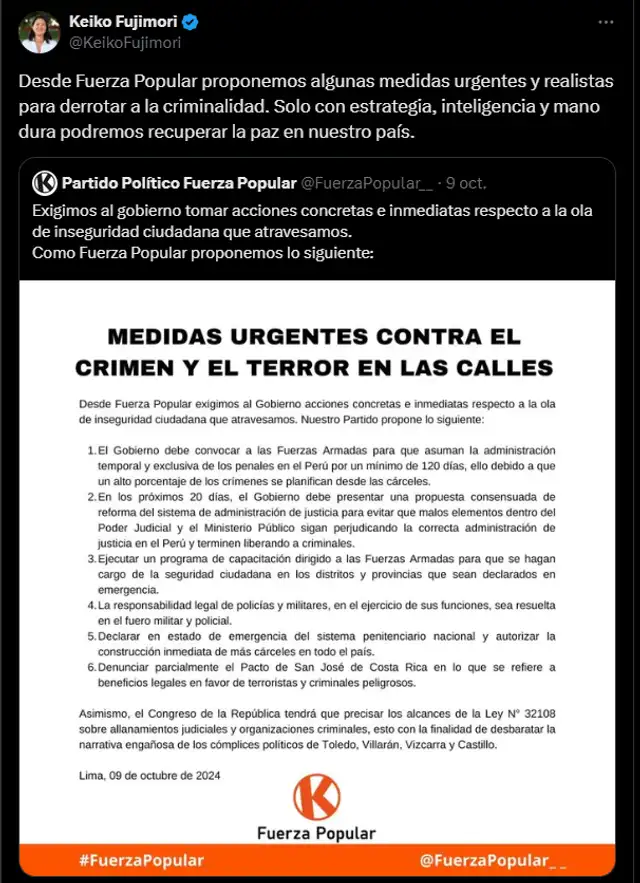 Keiko Fujimori emite medidas oportunistas desde su partido. Foto: X   