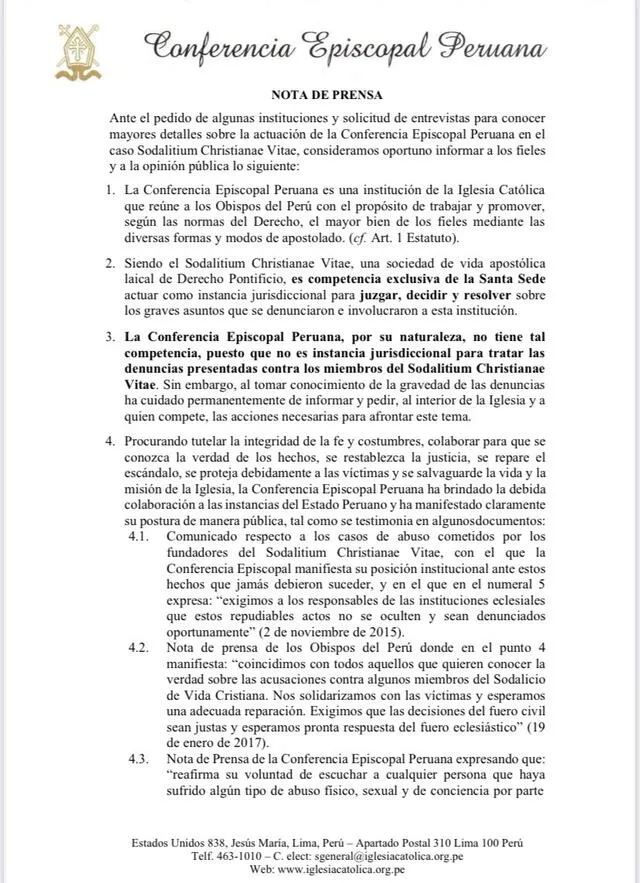 Comunicado de la Conferencia Episcopal Peruana.   