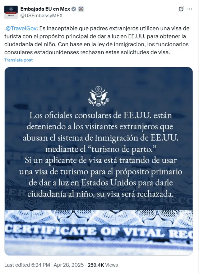 Los casos de visas de turista usadas con fines de parto en el país están siendo observados. Foto: Captura de X. Los casos de visas de turista usadas con fines de parto en el país están siendo observados. Foto: Captura de X.