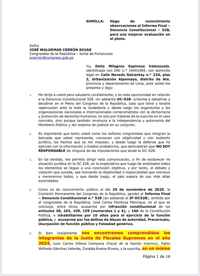  Espinoza solicita al Congreso evaluar con objetividad e imparcialidad la inhabilitación de 10 años en su contra. Foto: difusión   
