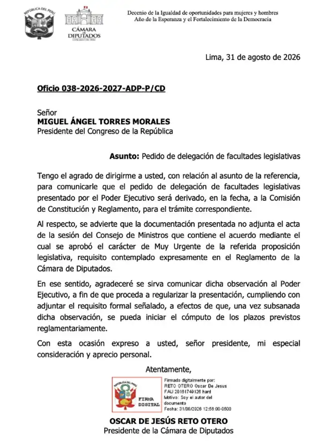 Oficio enviado al presidente del Congreso, Miguel Torres.