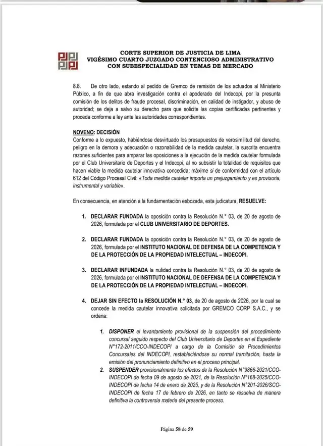 Resolución a favor de Universitario.   