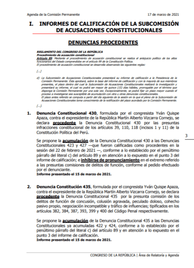 Agenda de la Comisión Permanente.