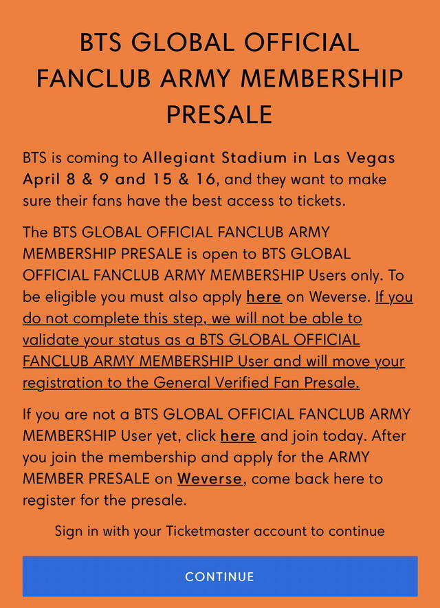 BTS, registro preventa PTD Las Vegas, Weverse ARMY