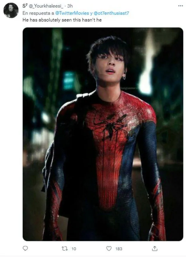 Fans editaron a Jungkook con la temática de Spider-man. Foto: vía Twitter