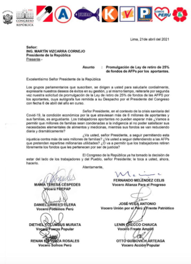 Carta enviada por 8 bancadas al presidente Martín Vizcarra.