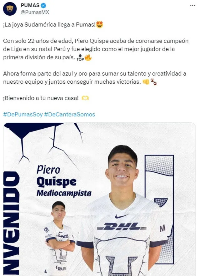 Piero Quispe fue presentado por Pumas. <strong>Foto: captura X</strong>   