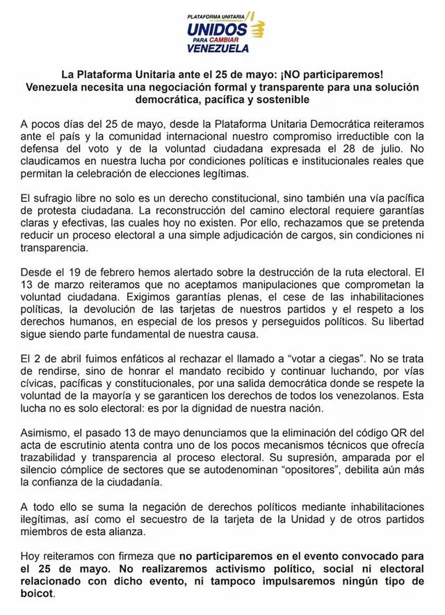 A través de un comunicado, el PUD reafirmó su postura de no participar en las elecciones del 25 de mayo. Foto: Plataforma Unitaria de Venezuela. A través de un comunicado, el PUD reafirmó su postura de no participar en las elecciones del 25 de mayo. Foto: Plataforma Unitaria de Venezuela.