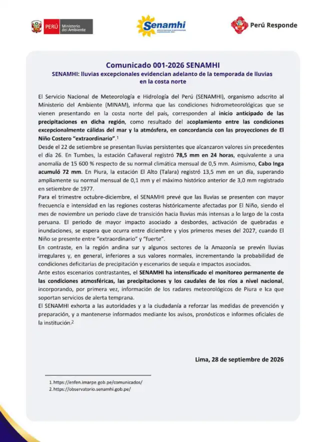Se anticipa una temporada de precipitaciones intensificadas por el fenómeno El Niño Costero, con mayor impacto entre diciembre de este año y los primeros meses de 2027.