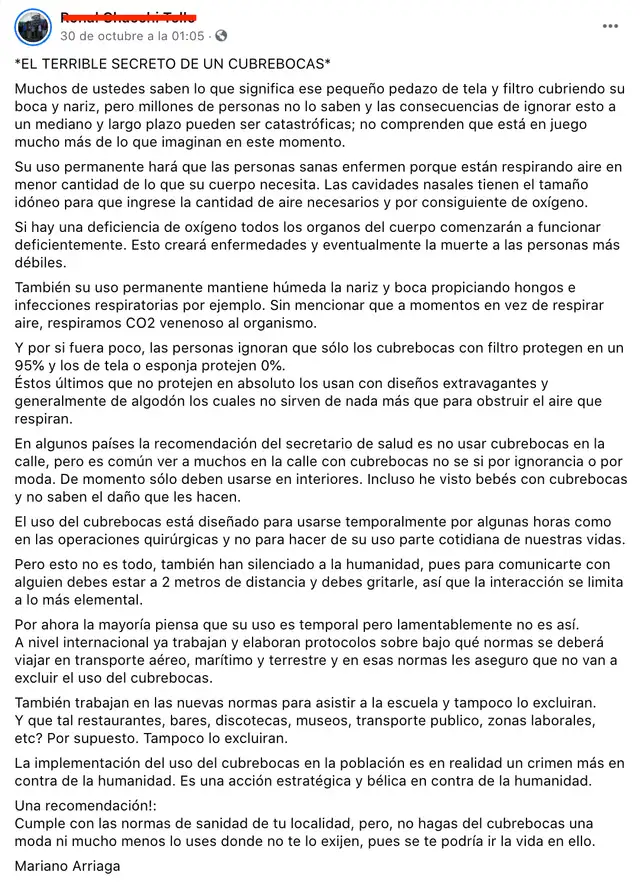 Publicación de Facebook presenta una serie de afirmaciones falsas sobre las mascarillas. Foto: Captura.