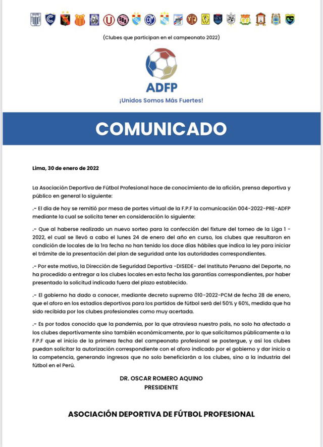 Comunicado oficial publicado por la ADFP. Foto: ADFP