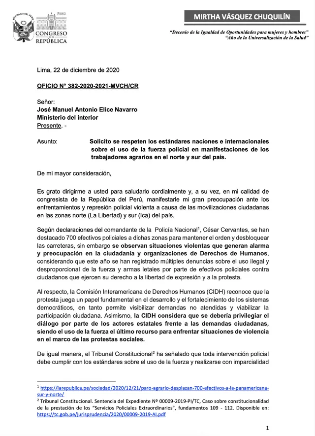 Mirtha Vásquez envía oficio a ministro del Interior por protestas del sector agrario