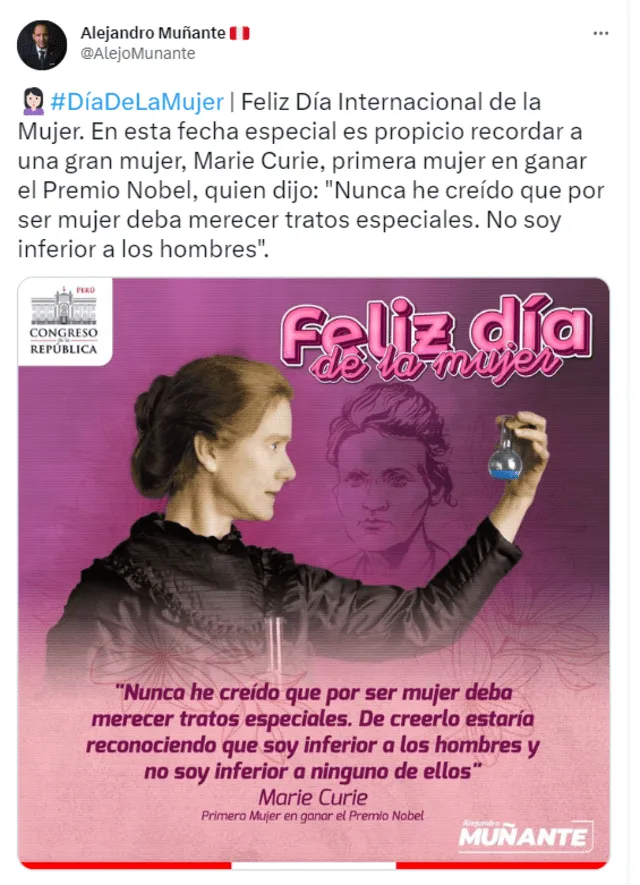  Tweet de Muñante que atribuye una cita apócrifa a Marie Curie. Foto: captura de Twitter   