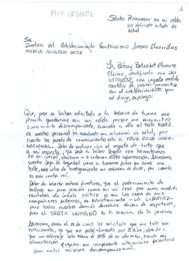 Carta que escribió la exparlamentaria Betssy Chávez Foto: difusión    