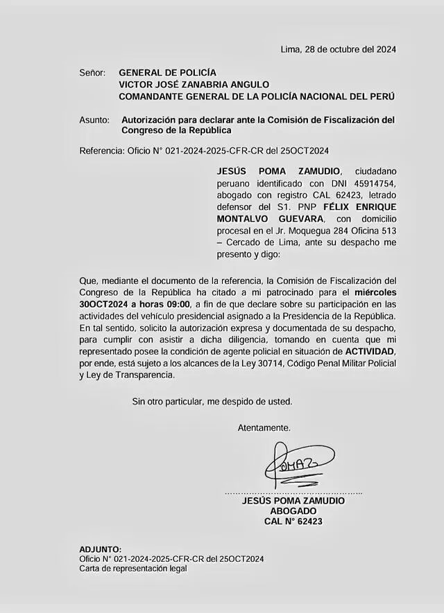 Solicitud del abogado de Félix Montalvo, chofer del 'cofre', para poder declarar el miércoles en la Comisión de Fiscalización del Congreso de la República.   