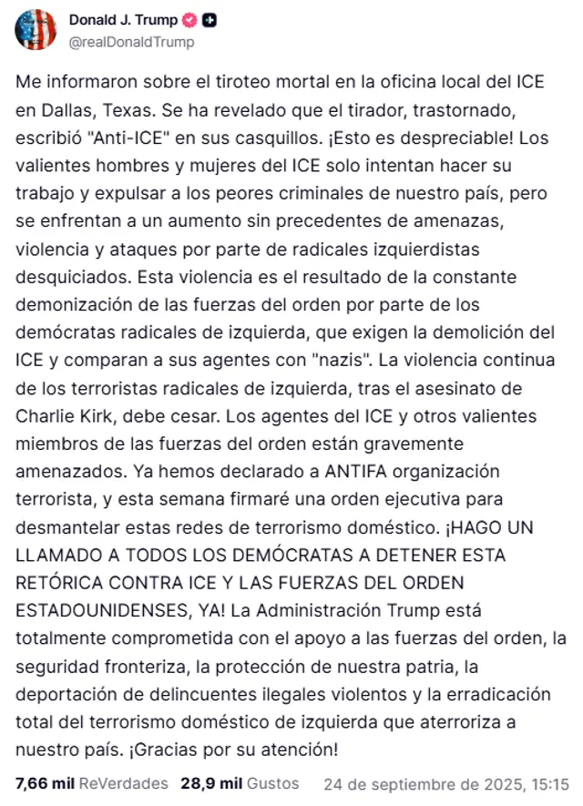 Donald Trump culpó a la izquierda por el tiroteo a oficina de ICE. Foto: @realDonaldTrump/Truth Social<br> Donald Trump culpó a la izquierda por el tiroteo a oficina de ICE. Foto: @realDonaldTrump/Truth Social<br>