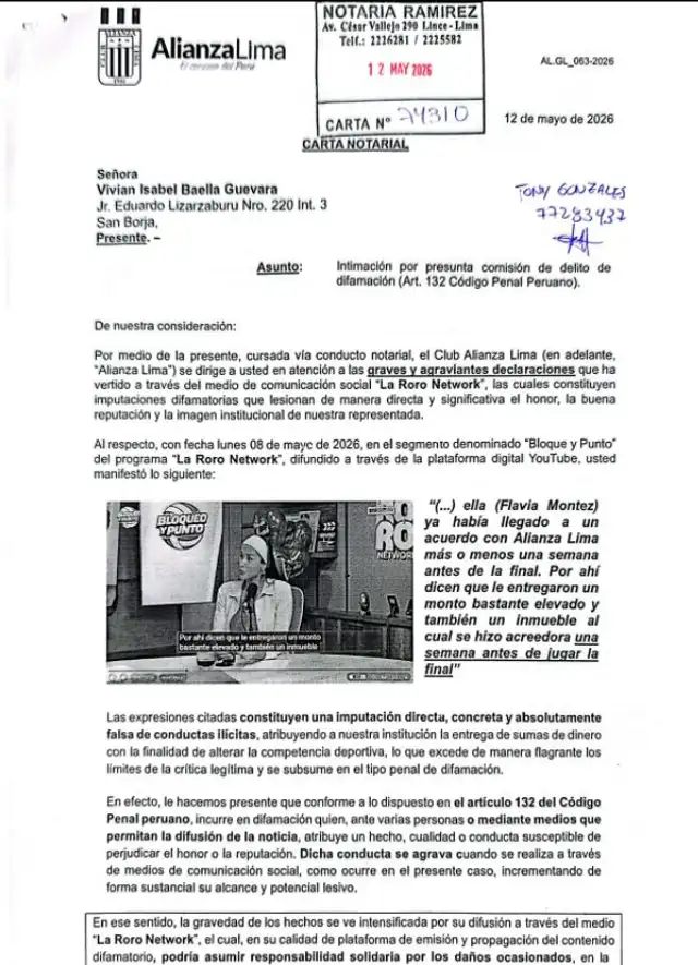Carta notarial de Alianza Lima a Vivian Baella.  