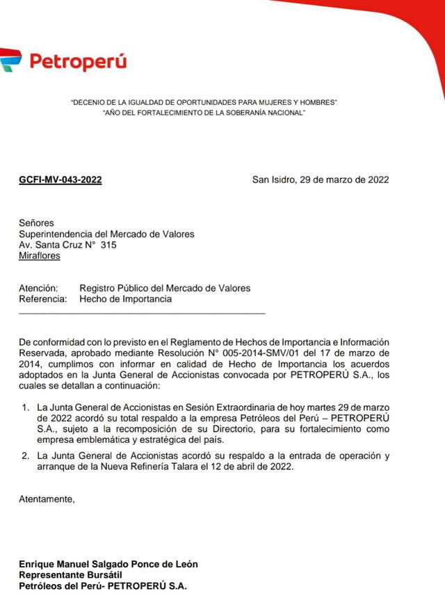 Hecho de importancia de Petroperú dirigido a la SMV. Foto: Petroperú