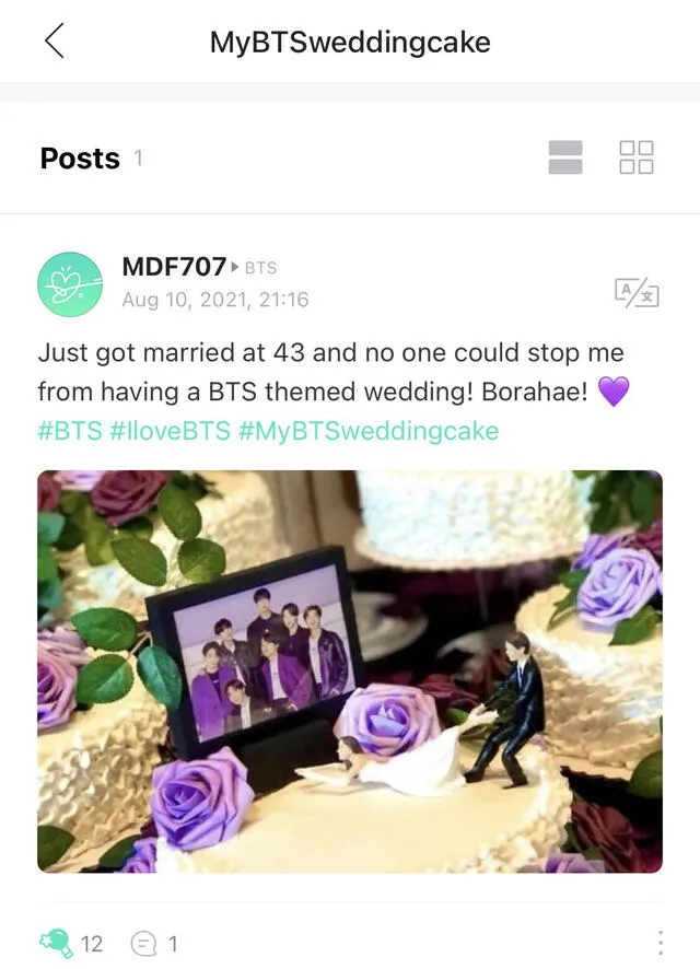 Post de fan de BTS contando sobre su boda. Foto: @_minababes