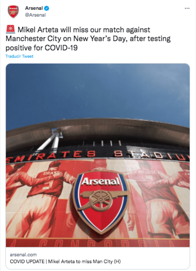 Arsenal registra cuatro casos positivos por COVID-19. Foto: captura Twitter Arsenal