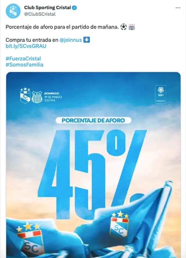 Porcentaje de aforo para el partido ante Grau. Foto: captura Twitter/Sporting Cristal.   