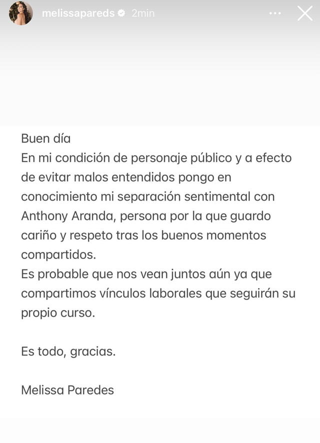  Melissa Paredes había confirmado su separación con Anthony Aranda. Foto: captura de Instagram/Melissa Paredes<br><br> 
