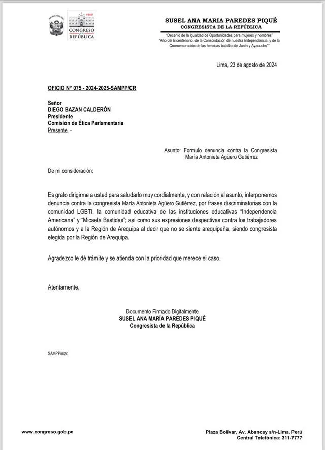 Denuncia de Susel Paredes contra María Agüero ante la Comisión de Ética. Foto: X (antes Twitter)   