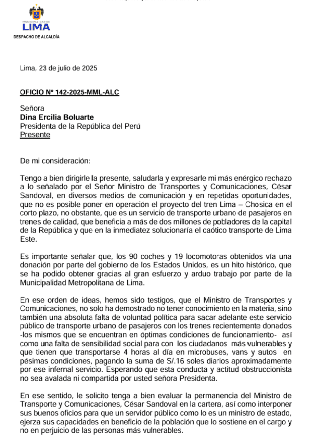 López Aliaga pide vacancia de César Sandoval.   