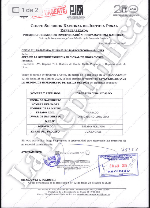 Orden del Poder Judicial que ordena levantamiento de impedimento de salida para Jorge Cuba.   